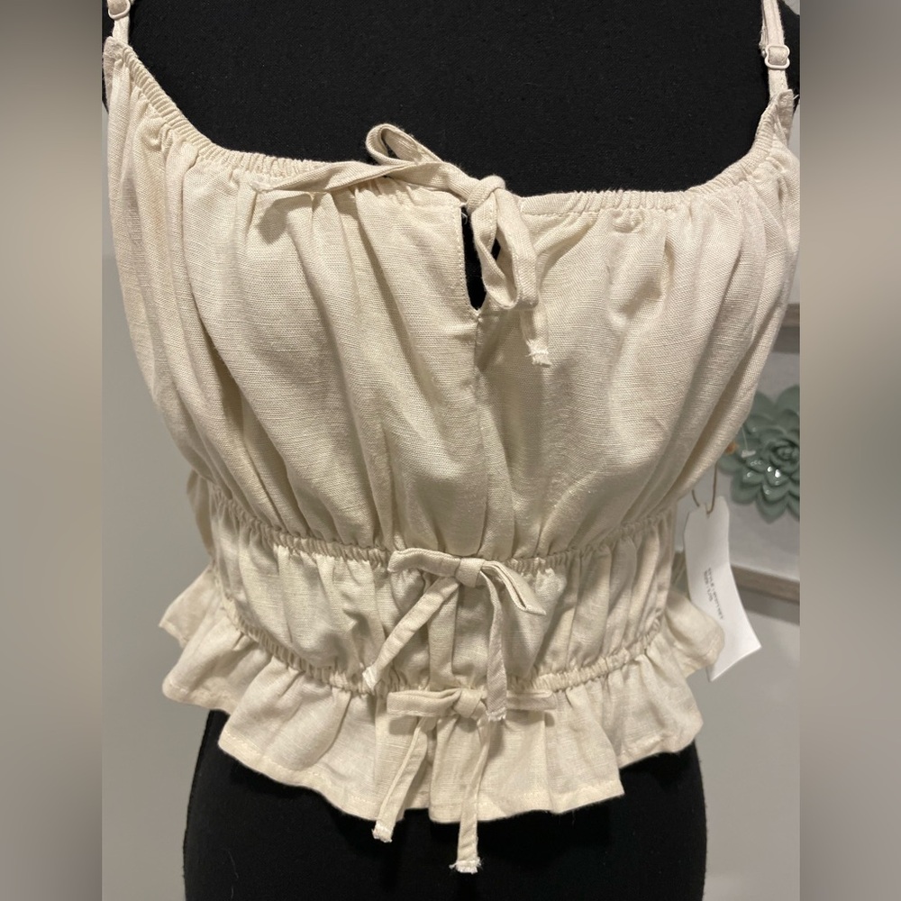 Midnight Sky Cream Linen Blend Ruched Tiered Cami Top With Ties NWT! - Picture 6 of 9